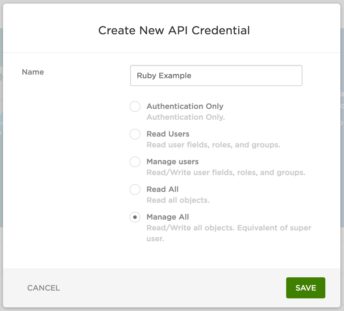 Create New API Credential window