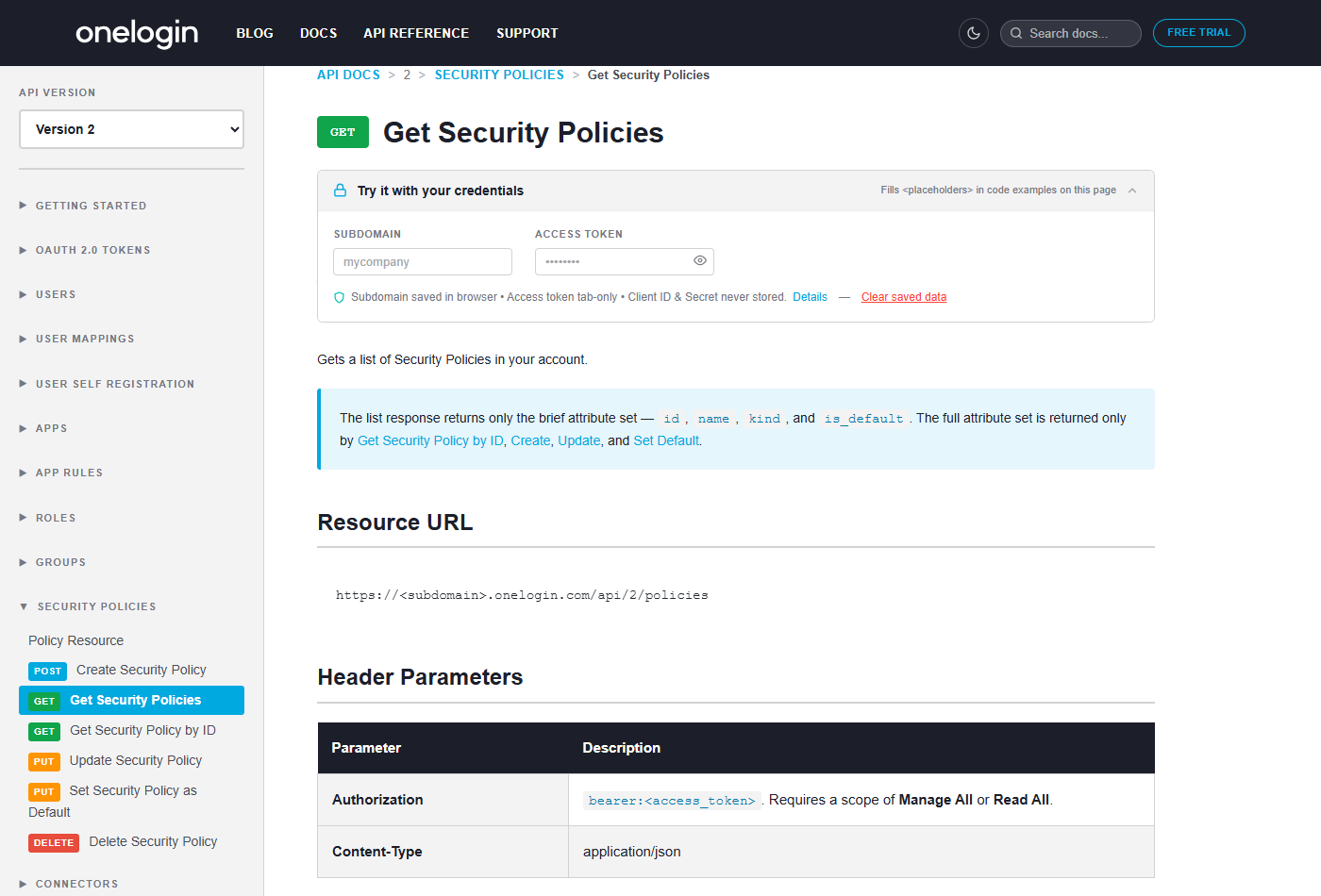 The 'Try it with your credentials' widget expanded on an API reference page, showing subdomain and access token fields