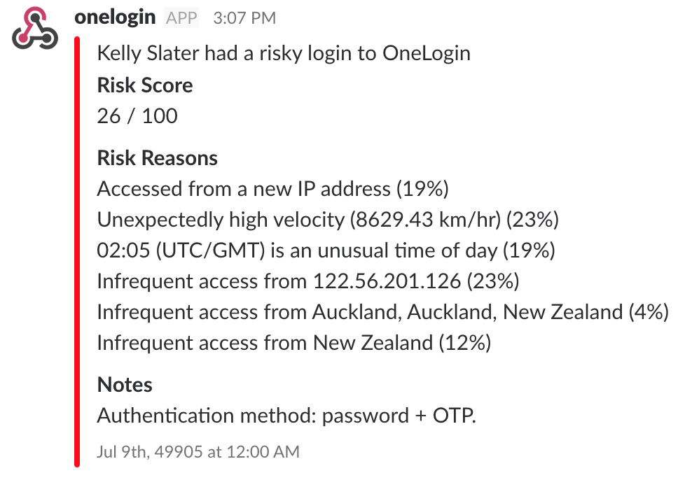 Risky login to OneLogin with Risk Score, Risk Reasons, and Notes