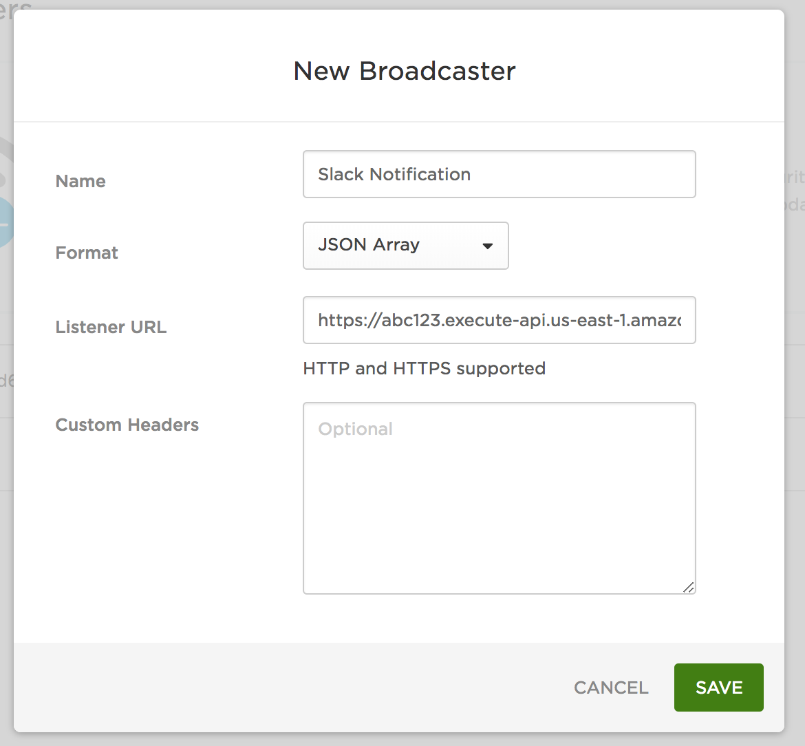 New Broadcaster window with Listener URL field